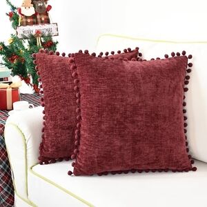 Set Of 2 Burgundy Pom-Pom Accent Pillow Covers Size 16 X 16